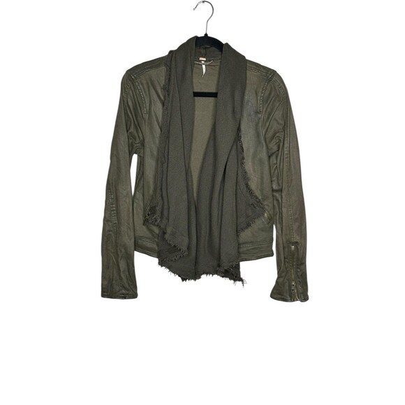 Free People Boho Coated Drape Front Moto Jacket Olive Size 8 - Picture 3 of 7